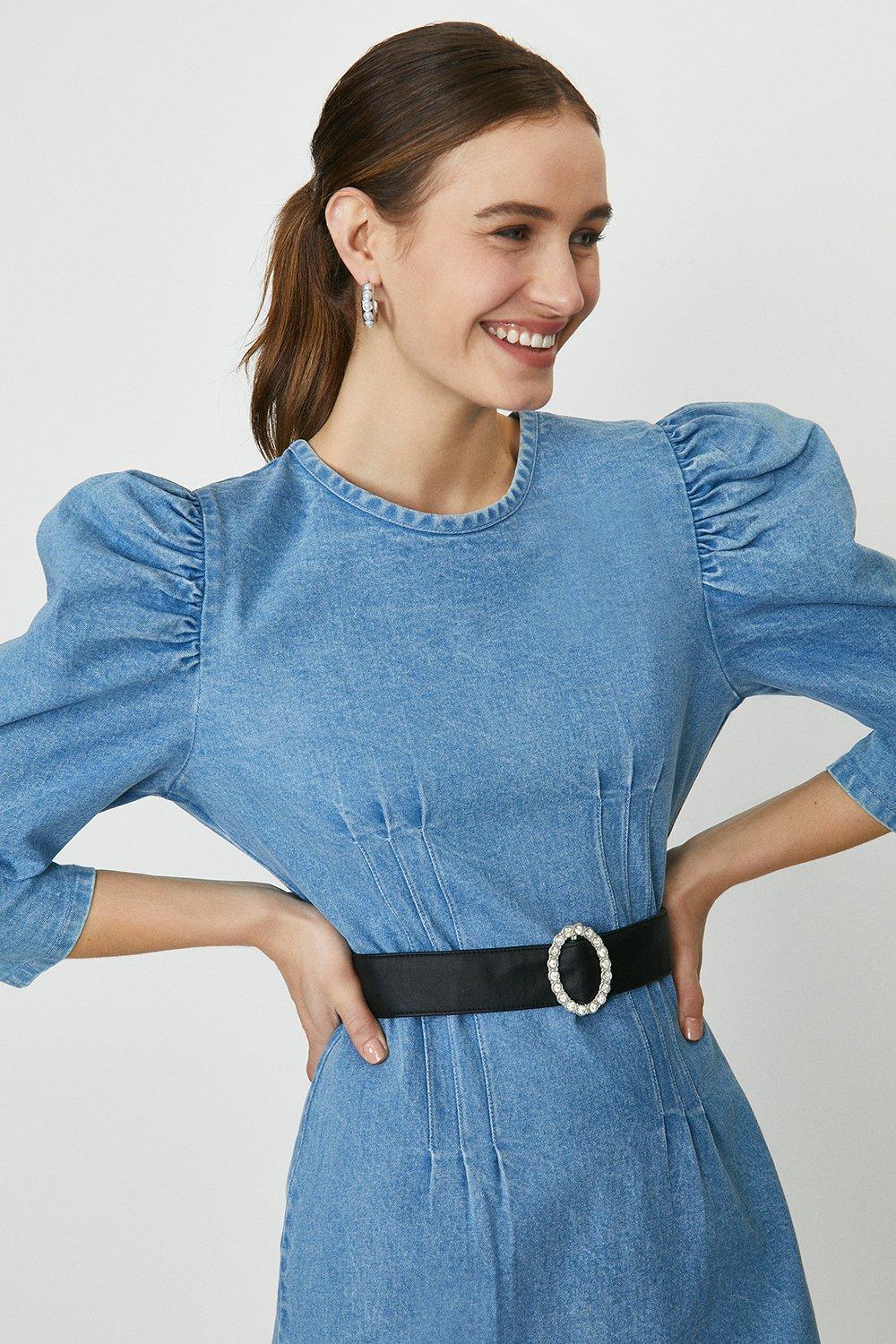 Belted Puff Sleeve Fitted Denim Mini ...
